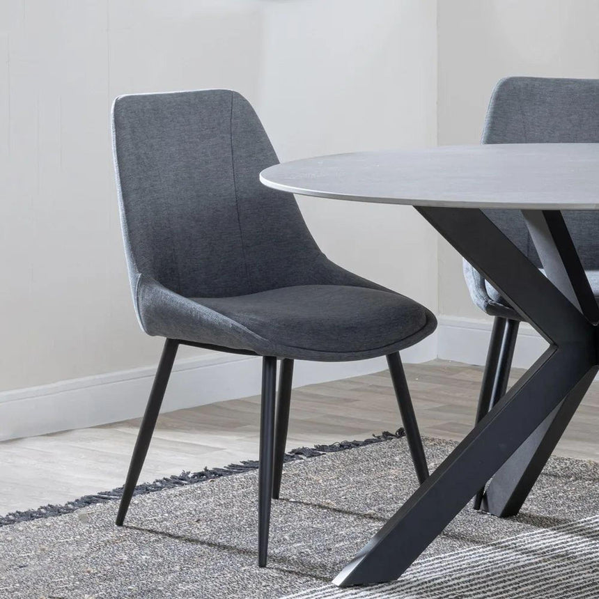 Danetti Dark Grey Ceramic Oval Dining Set with Bronze Pedestal Base - Darwin Grey Fabric Dining Chair-10