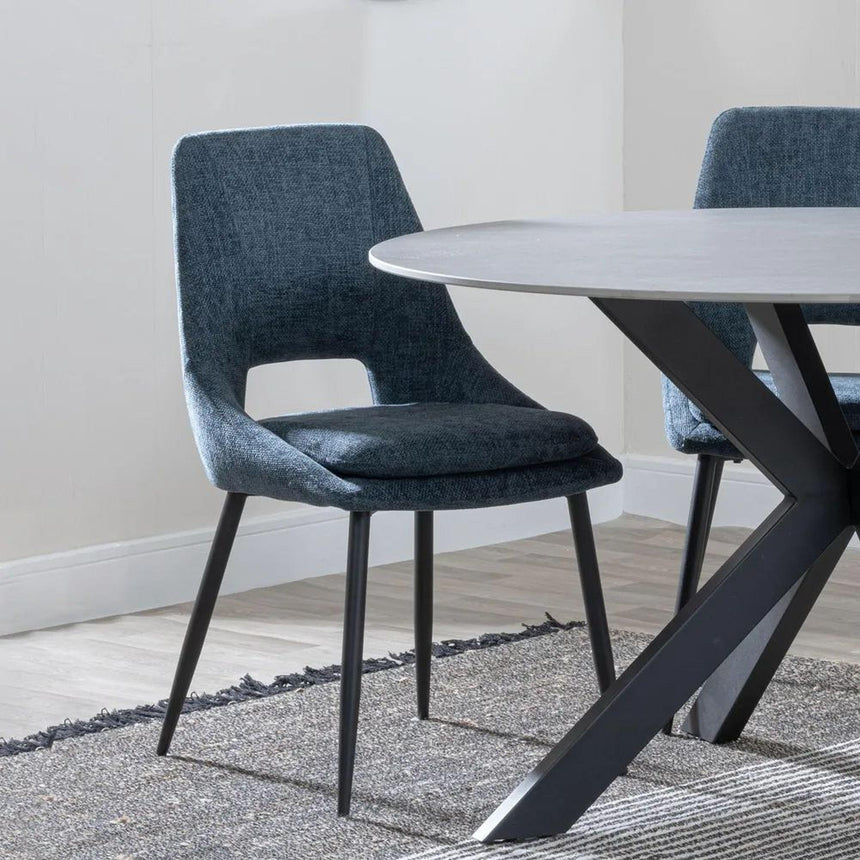 Danetti Dark Grey Ceramic Oval Dining Set with Bronze Pedestal Base - Peyton Blue Fabric Dining Chair-7