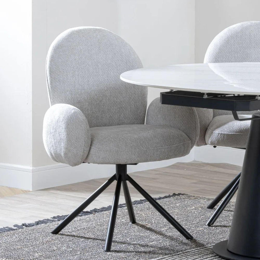 Danetti Dark Grey Ceramic Oval Dining Set with Bronze Pedestal Base - Theo Grey Fabric Swivel Dining Chair-5