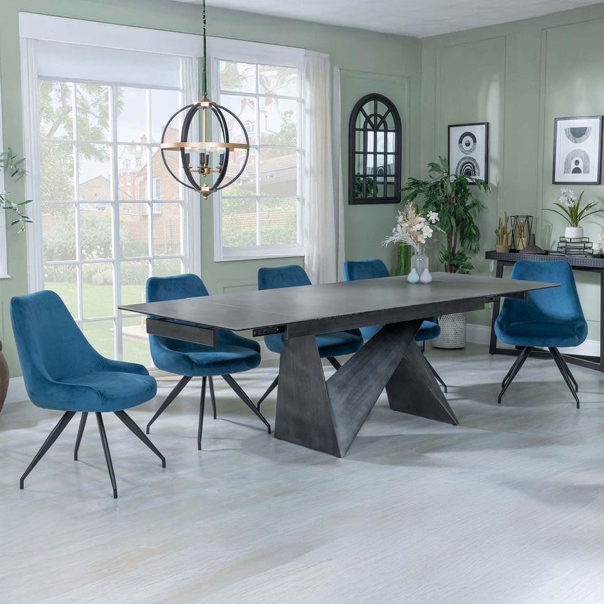 Garvin Dark Grey Ceramic Extending Dining Set - Arctic Blue Velvet Fabric Swivel Dining Chair-4