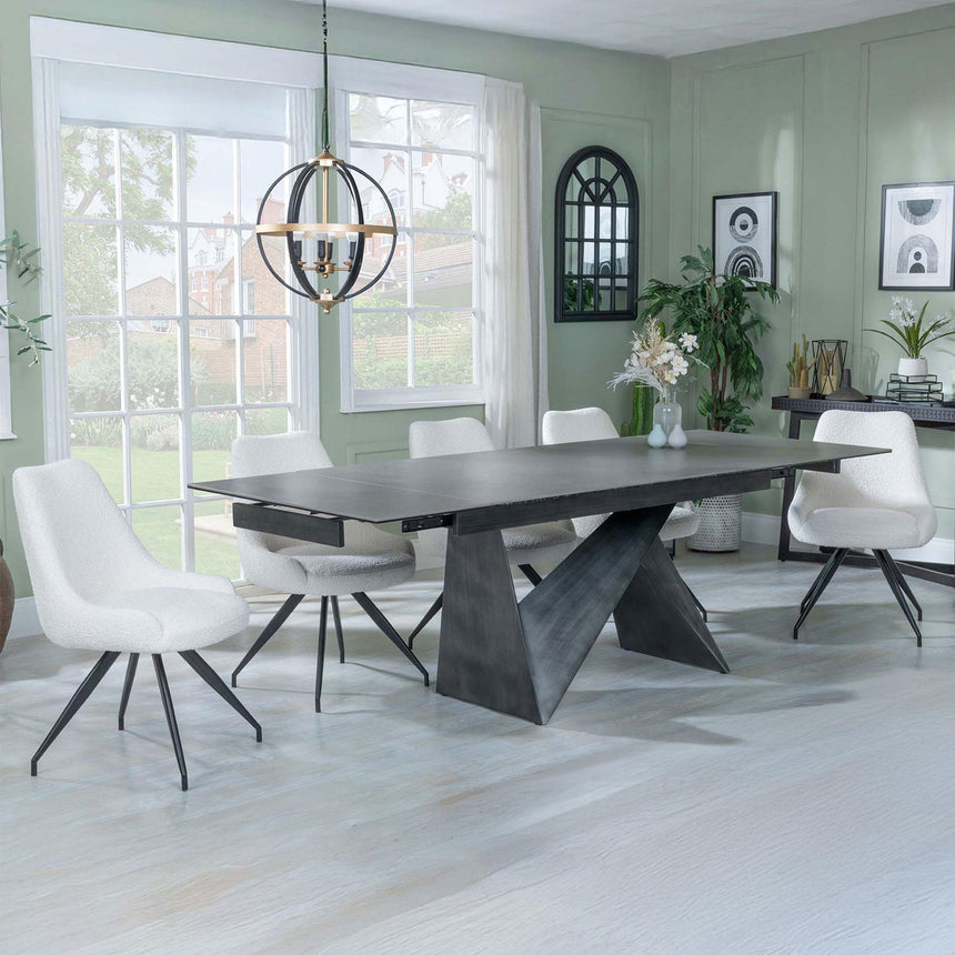 Garvin Dark Grey Ceramic Extending Dining Set - Arctic Cream Velvet Fabric Swivel Dining Chair-5