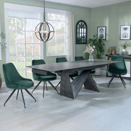 Garvin Dark Grey Ceramic Extending Dining Set - Arctic Green Velvet Fabric Swivel Dining Chair-2