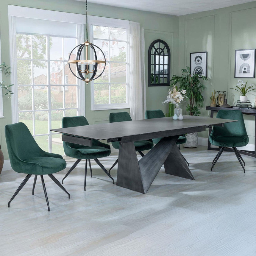 Garvin Dark Grey Ceramic Extending Dining Set - Arctic Green Velvet Fabric Swivel Dining Chair-2