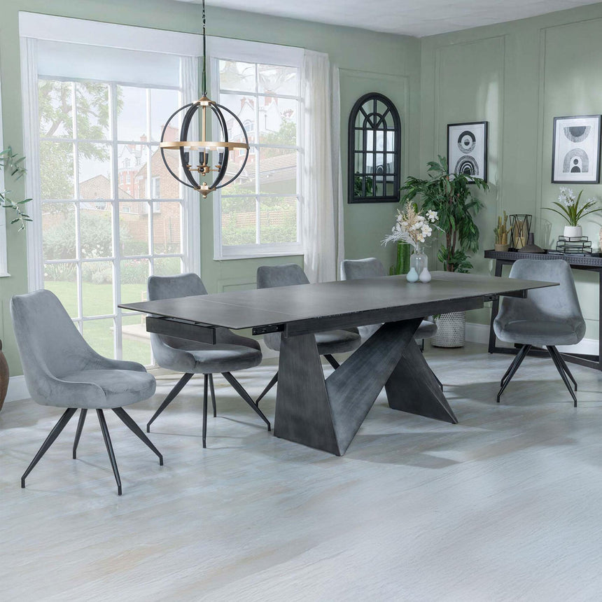 Garvin Dark Grey Ceramic Extending Dining Set - Arctic Grey Velvet Fabric Swivel Dining Chair-3
