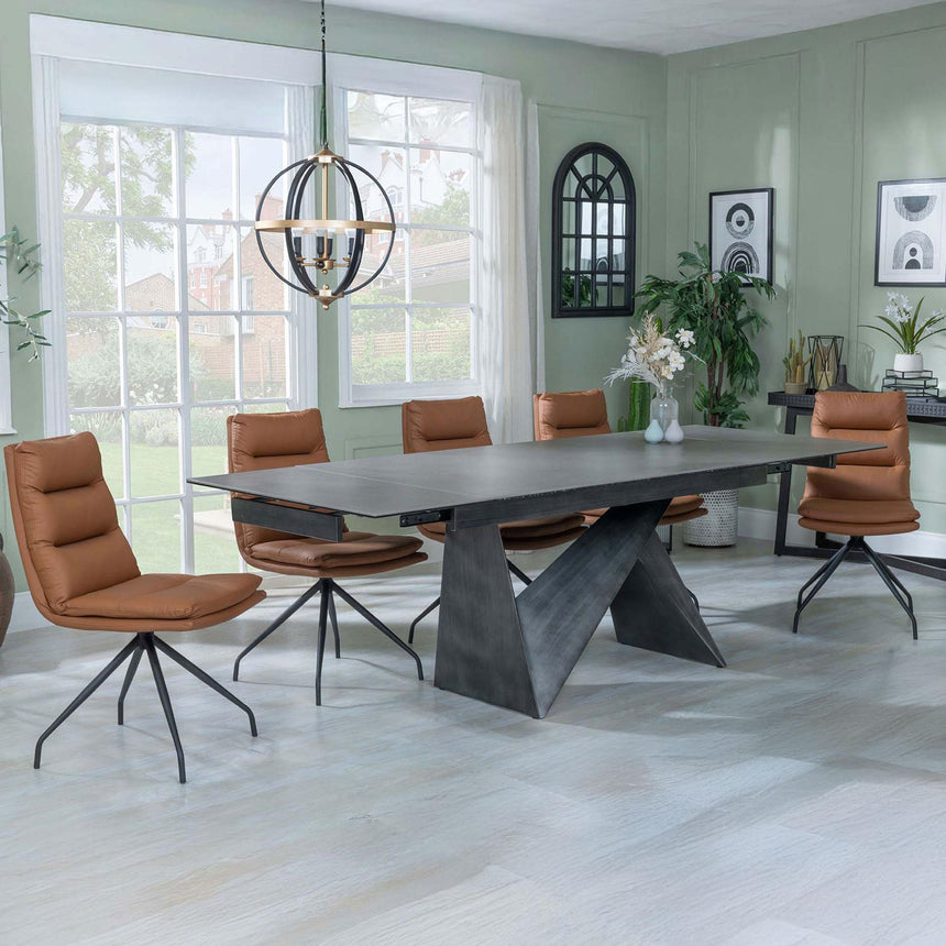 Garvin Dark Grey Ceramic Extending Dining Set - Diego Brown Leather Swivel Dining Chair-2