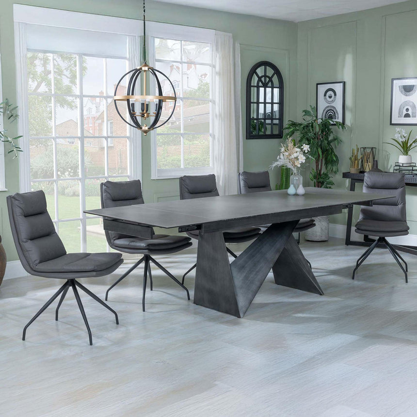 Garvin Dark Grey Ceramic Extending Dining Set - Diego Grey Leather Swivel Dining Chair-3