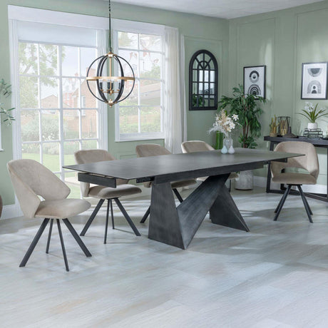 Garvin Dark Grey Ceramic Extending Dining Set - Ion Beige Velvet Fabric Swivel Dining Chair-2