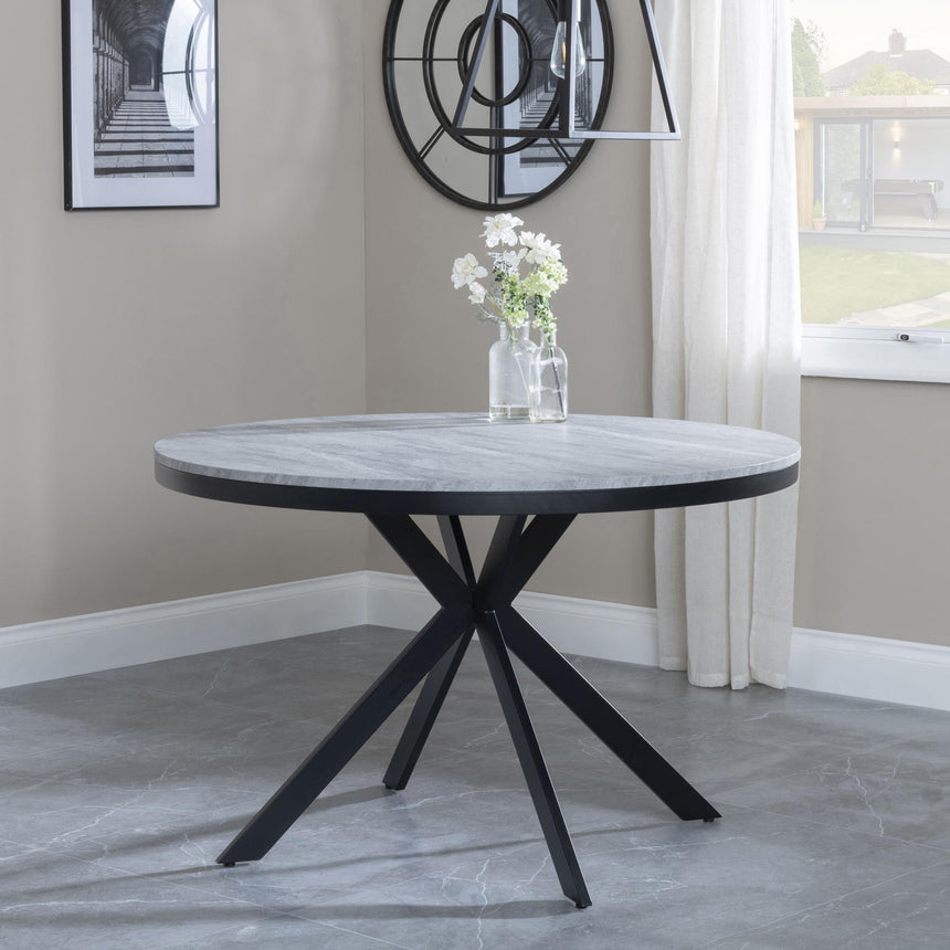 Bronx Grey Concrete Effect 4 Seater Round Dining Set with Spider Legs - 4 Ace Grey Fabric Swivel Dining Chair-2