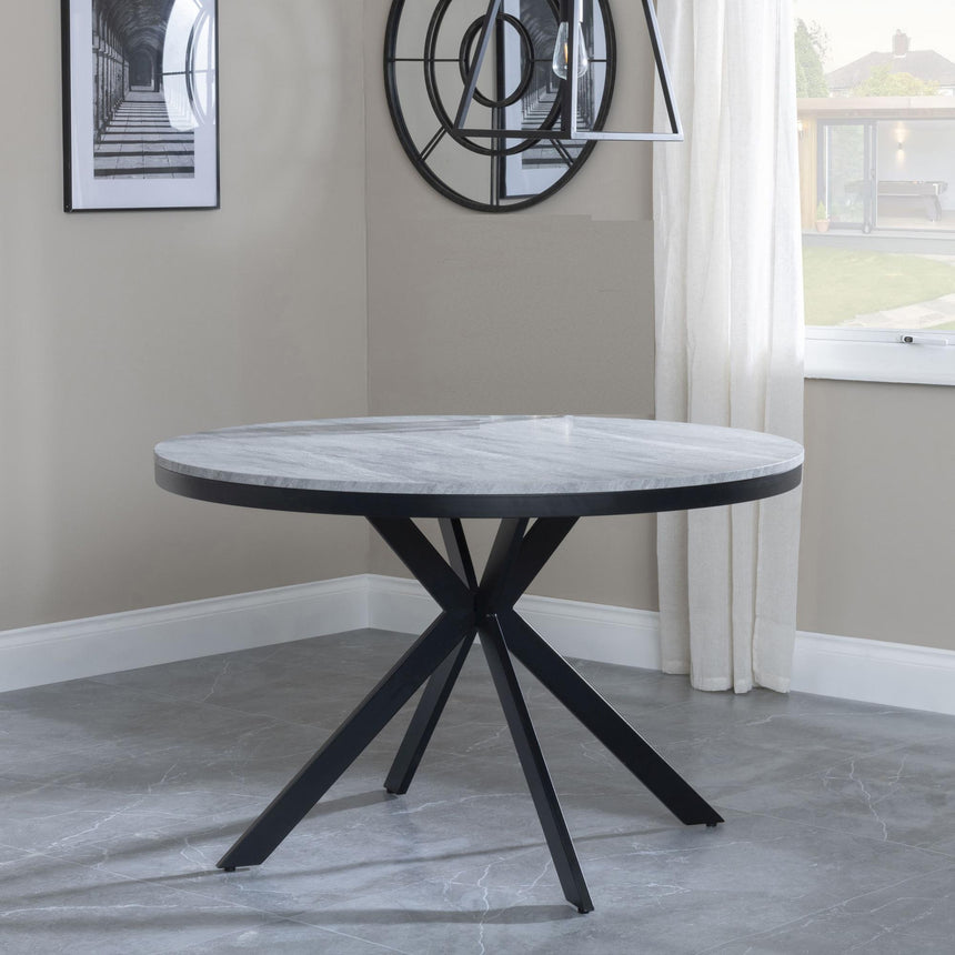Bronx Grey Concrete Effect 4 Seater Round Dining Set with Spider Legs - 4 Ace Grey Fabric Swivel Dining Chair-3
