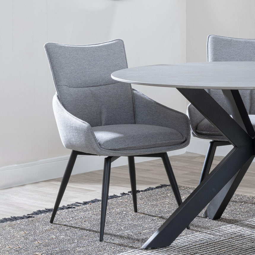 Bronx Grey Concrete Effect 4 Seater Round Dining Set with Spider Legs - 4 Ace Grey Fabric Swivel Dining Chair-5