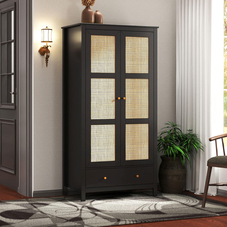 Ferrero Black and Woven Rattan 2 Door 1 Drawer Wardrobe-3
