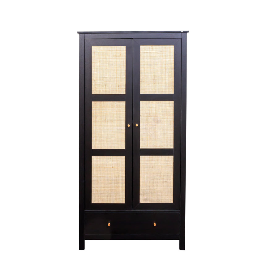 Ferrero Black and Woven Rattan 2 Door 1 Drawer Wardrobe-4