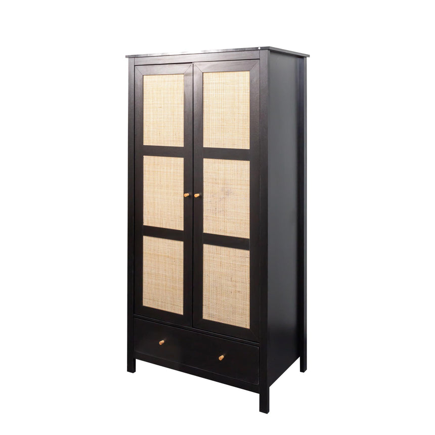 Ferrero Black and Woven Rattan 2 Door 1 Drawer Wardrobe-6