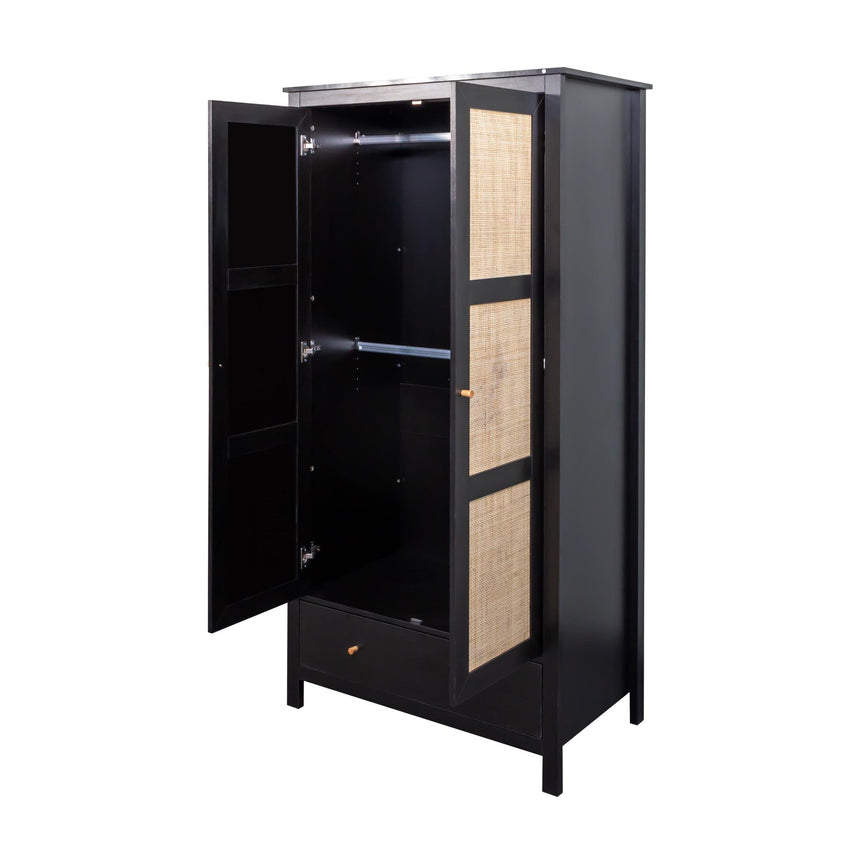 Ferrero Black and Woven Rattan 2 Door 1 Drawer Wardrobe-7
