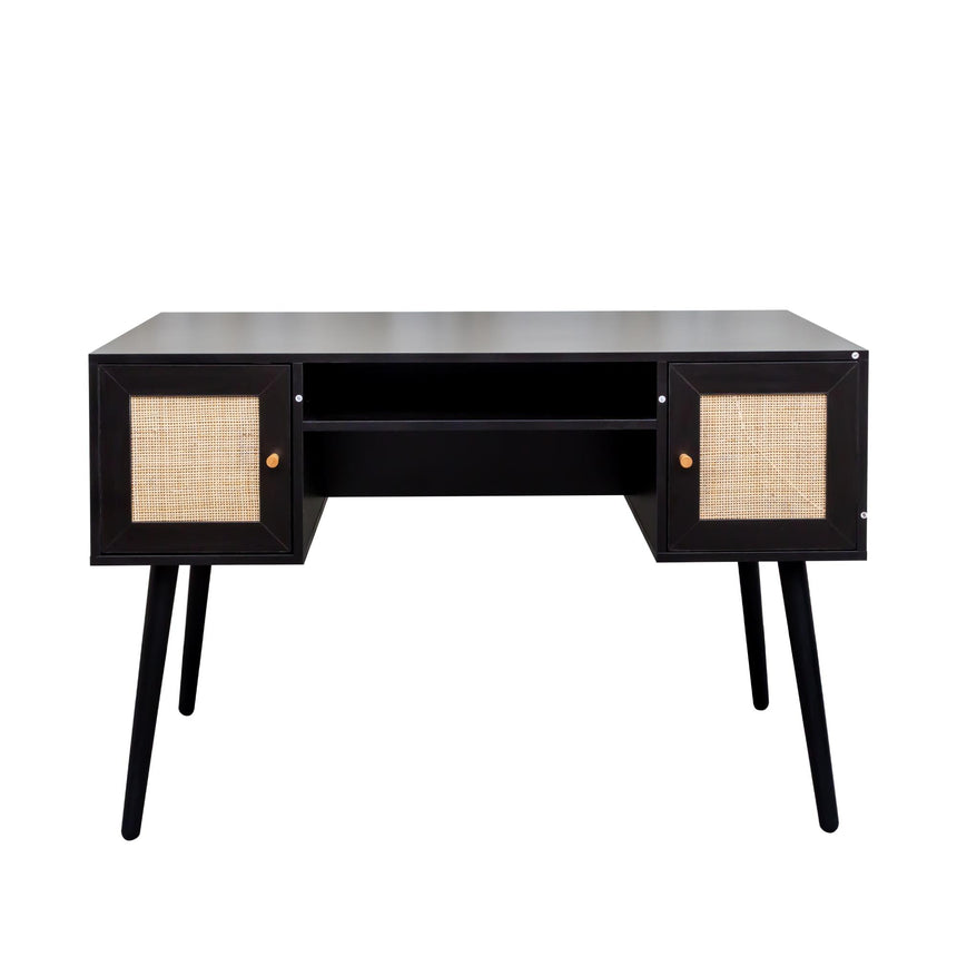 Ferrero Black and Woven Rattan 2 Drawer Desk-4