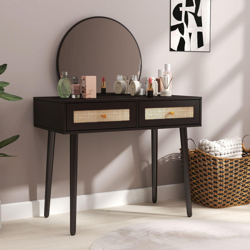 Ferrero Black and Woven Rattan 2 Drawer Dressing Table with Mirror-3
