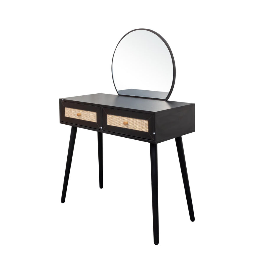 Ferrero Black and Woven Rattan 2 Drawer Dressing Table with Mirror-6