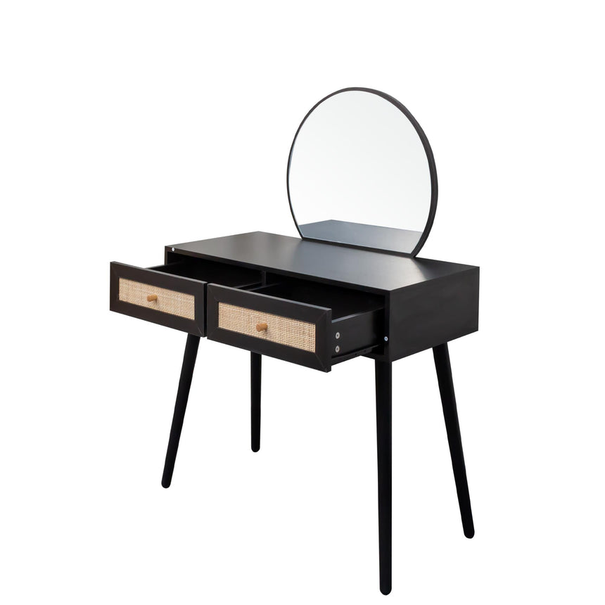 Ferrero Black and Woven Rattan 2 Drawer Dressing Table with Mirror-7