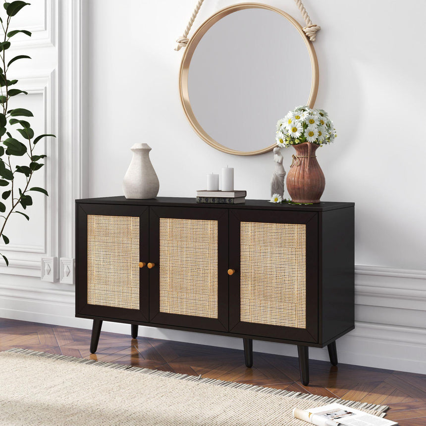 Ferrero Black and Woven Rattan 3 Door Medium Sideboard - 120cm-3