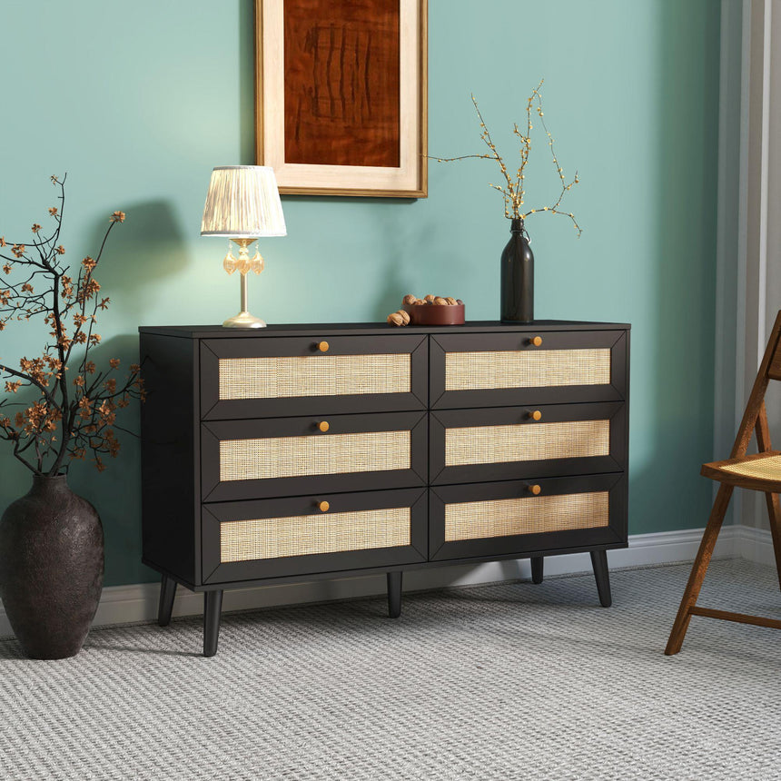 Ferrero Black and Woven Rattan 6 Drawer Wide Chest-3