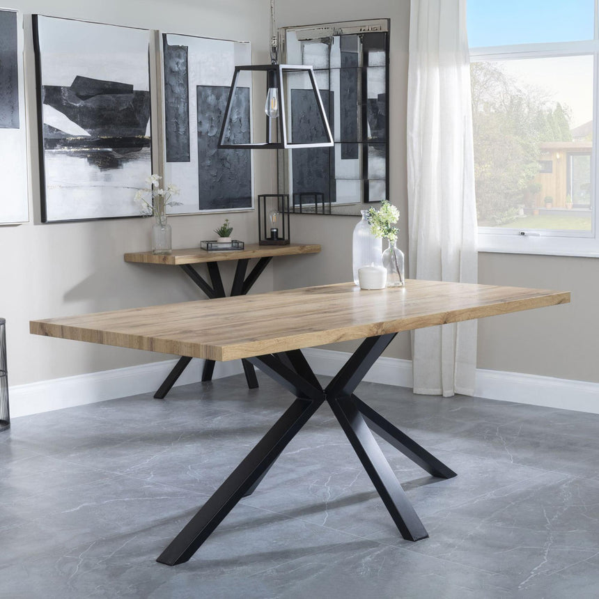 Bronx Industrial Oak Effect Dining Set with Spider Legs - Theo Grey Fabric Swivel Dining Chair-2