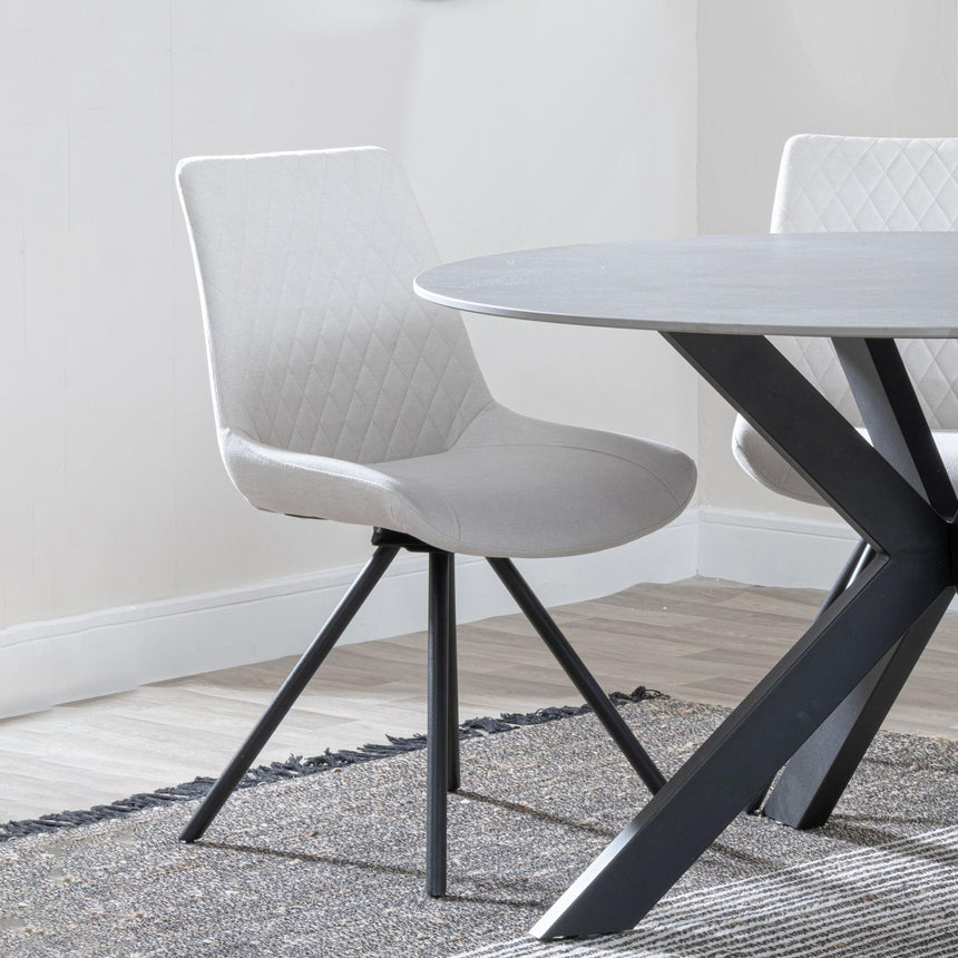 Novara White Ceramic 4 Seater Round Dining Set - 4 Boden Cream Fabric Swivel Dining Chair-6