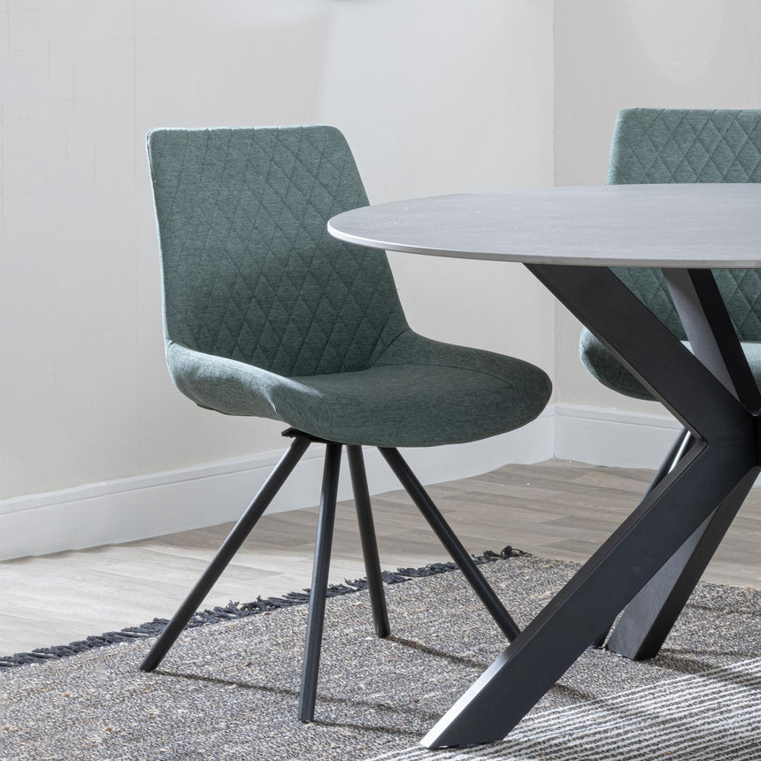 Novara White Ceramic 4 Seater Round Dining Set - 4 Boden Green Fabric Swivel Dining Chair-8