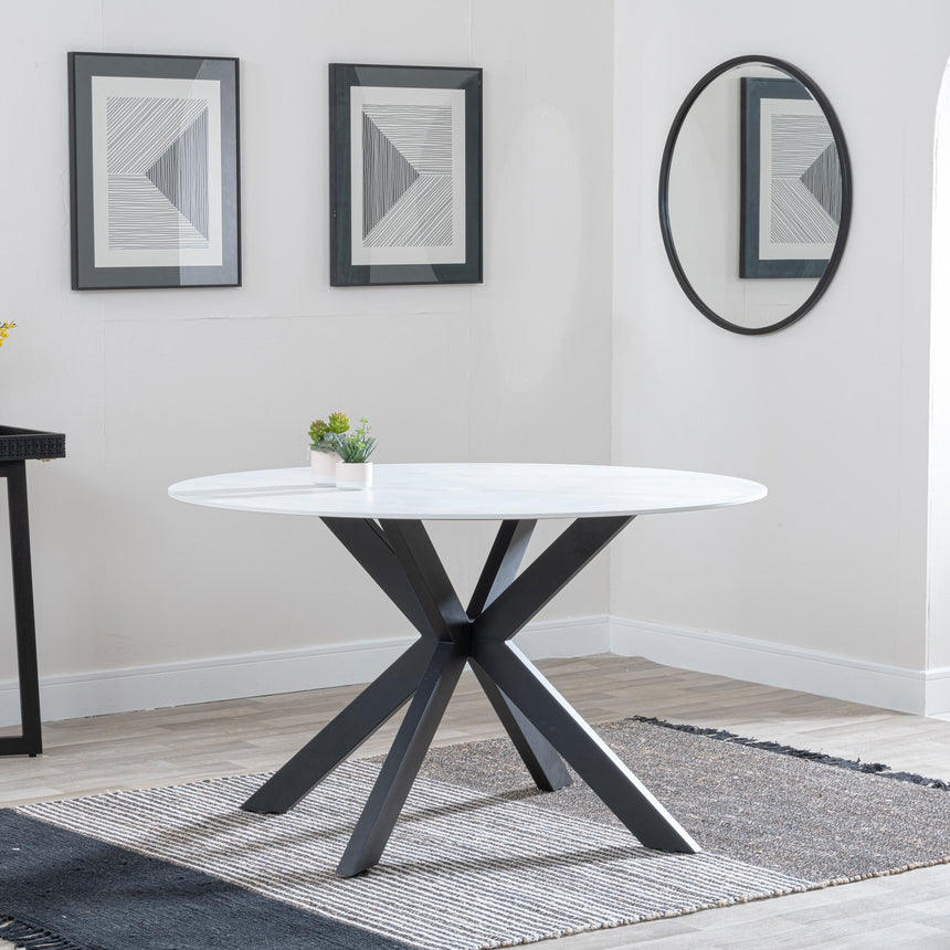 Novara White Ceramic 4 Seater Round Dining Set - 4 Boden Grey Fabric Swivel Dining Chair-7