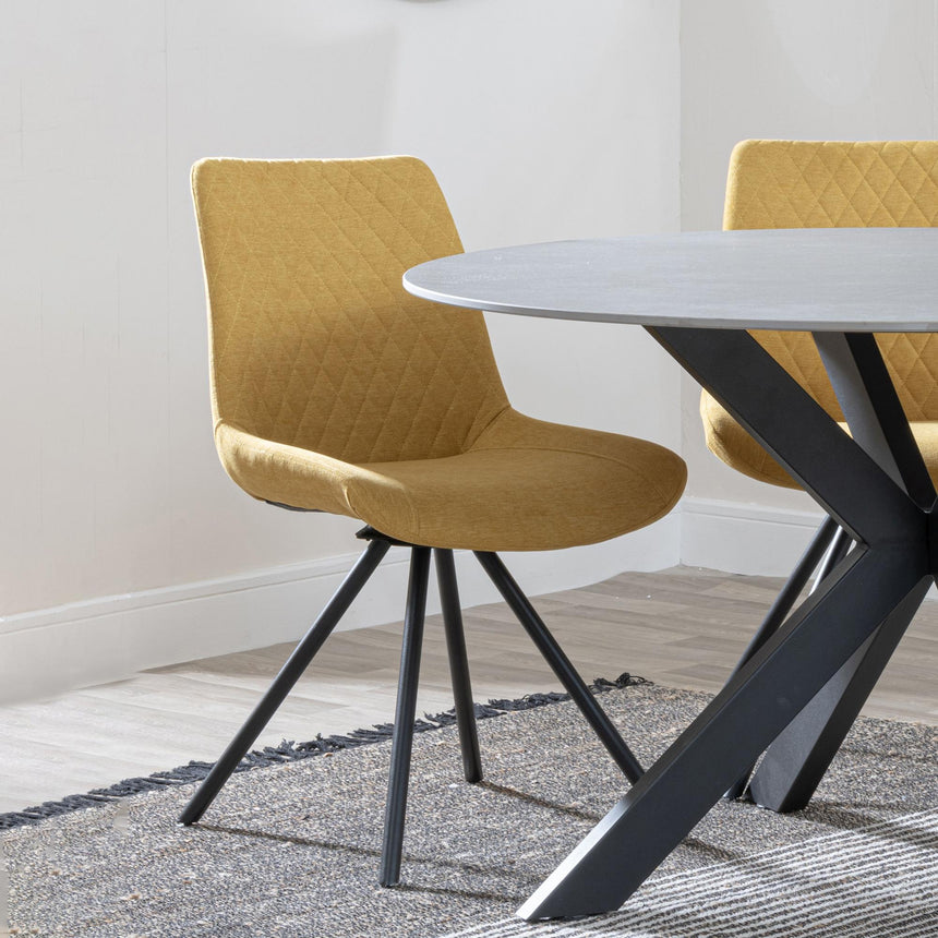 Novara White Ceramic 4 Seater Round Dining Set - 4 Boden Yellow Fabric Swivel Dining Chair-5