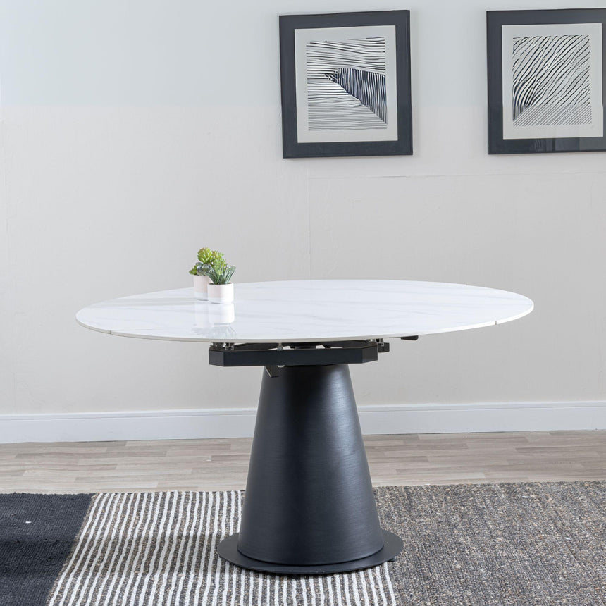 Carrara White Ceramic 4 Seater Round Extending Dining Set - 4 Ion Cream Boucle Teddy Fabric Swivel Dining Chair-6
