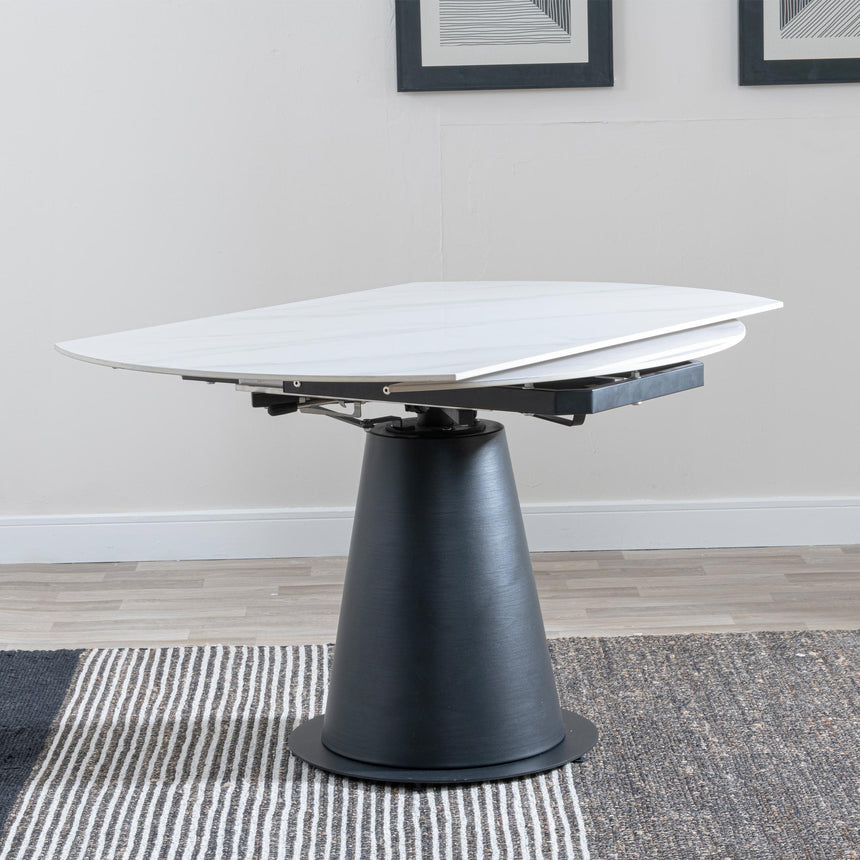 Carrara White Ceramic 4 Seater Round Extending Dining Set - 4 Ion Dark Grey Velvet Fabric Swivel Dining Chair-7