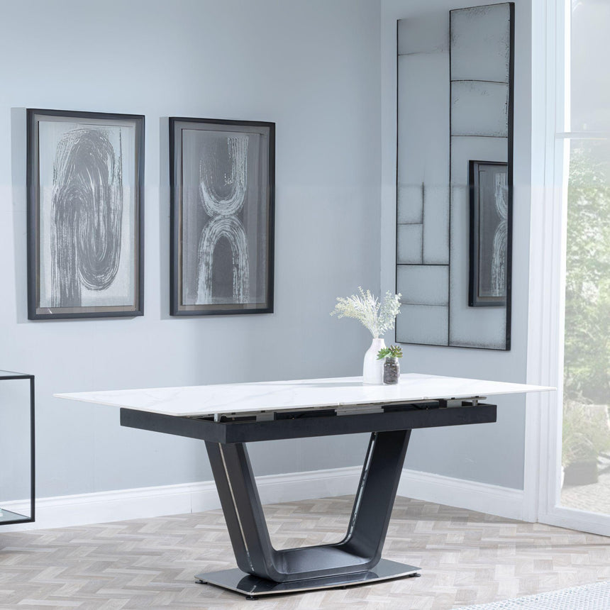 Alpha White Ceramic Extending Dining Set - Ace Grey Fabric Swivel Dining Chair-3