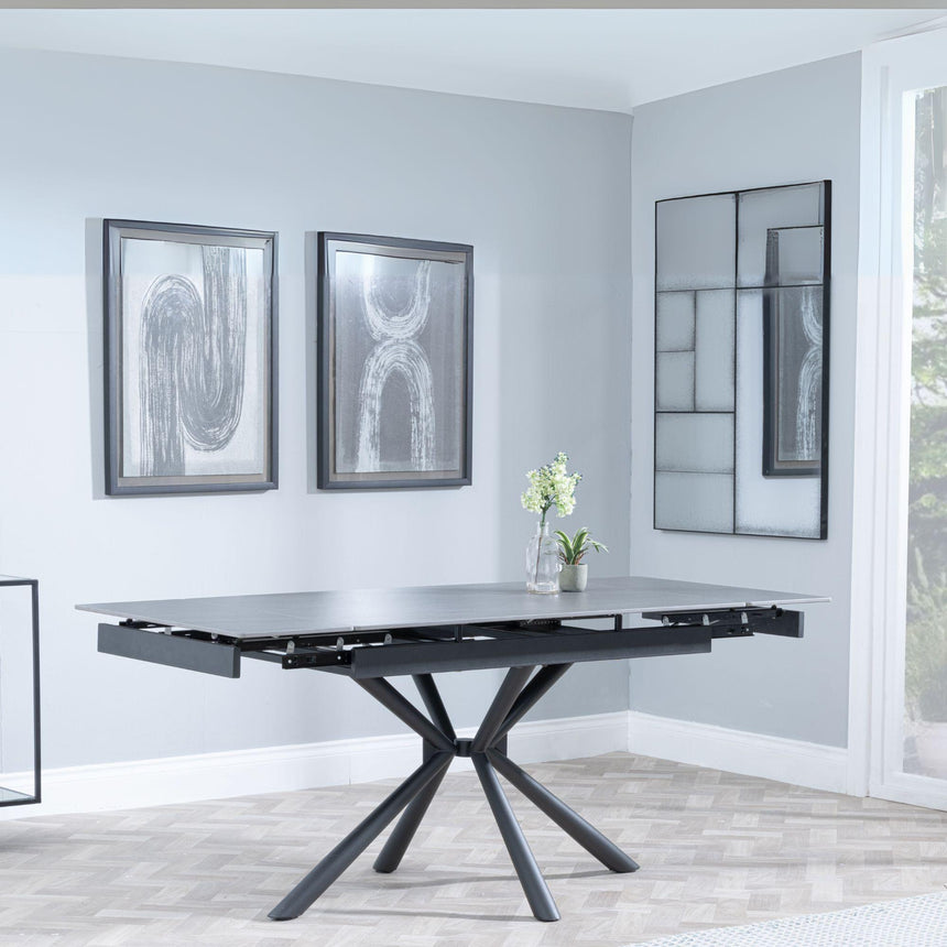 Ripon Black Ceramic Extending Dining Set - Arctic Cream Velvet Fabric Swivel Dining Chair-5