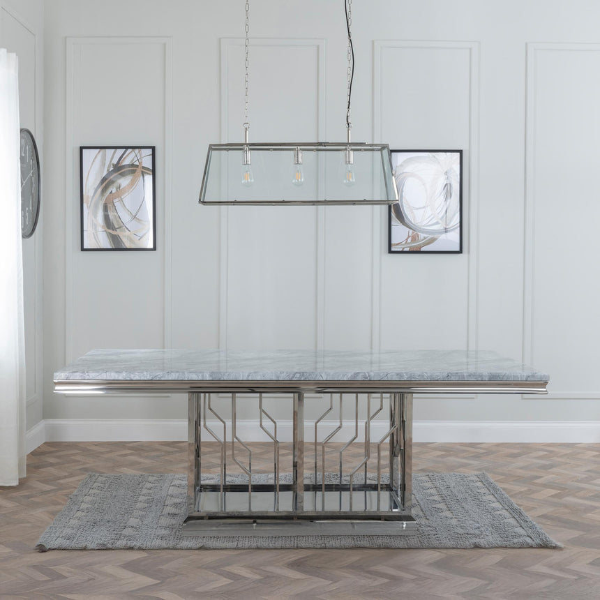 Vortex Grey Marble and Chrome Dining Set - Lion Knocker Back Black Velvet Fabric Dining Chair with Chrome Legs-5