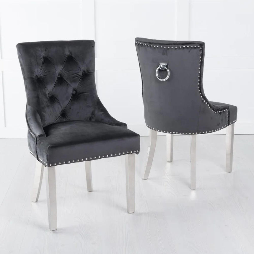 Lisbon Grey Marble and Chrome Dining Set - Knocker Back Black Velvet Fabric Dining Chair with Chrome Legs-6