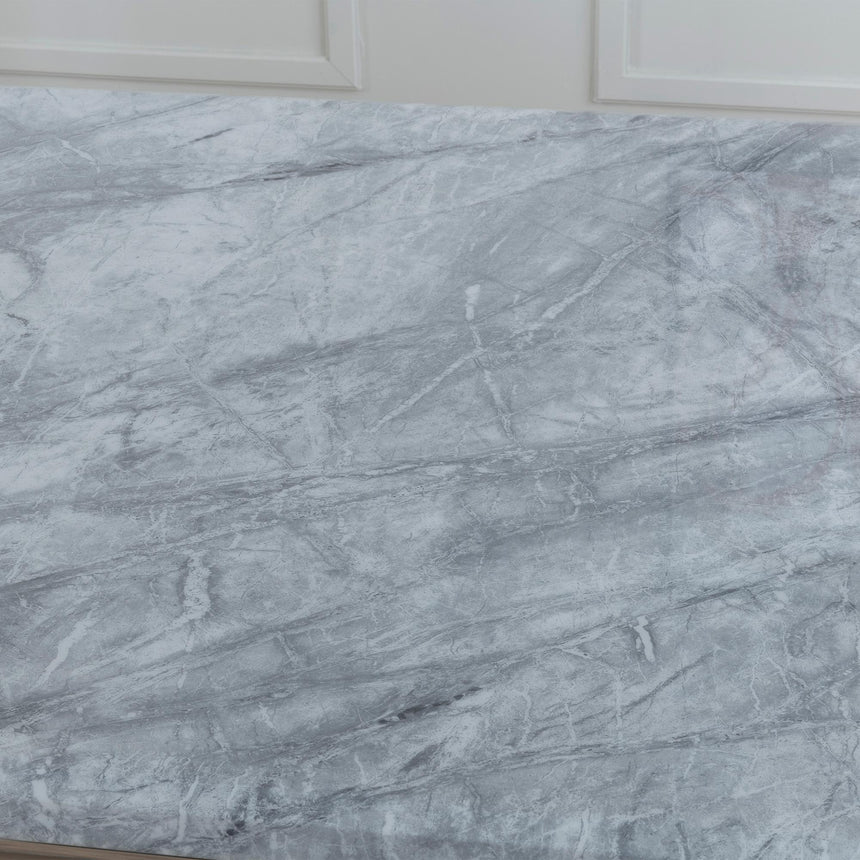 Lisbon Grey Marble and Chrome Dining Set - Knocker Back Blue Velvet Fabric Dining Chair with Chrome Legs-4