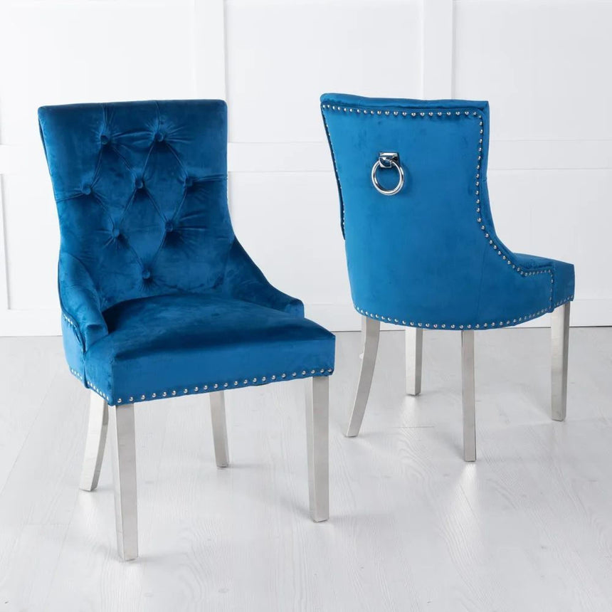 Lisbon Grey Marble and Chrome Dining Set - Knocker Back Blue Velvet Fabric Dining Chair with Chrome Legs-5