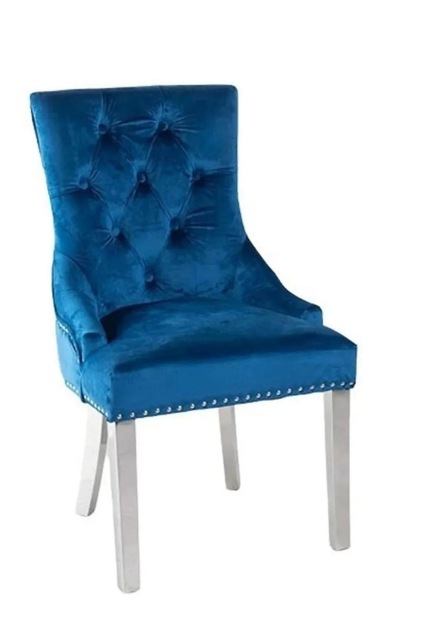 Lisbon Grey Marble and Chrome Dining Set - Knocker Back Blue Velvet Fabric Dining Chair with Chrome Legs-6