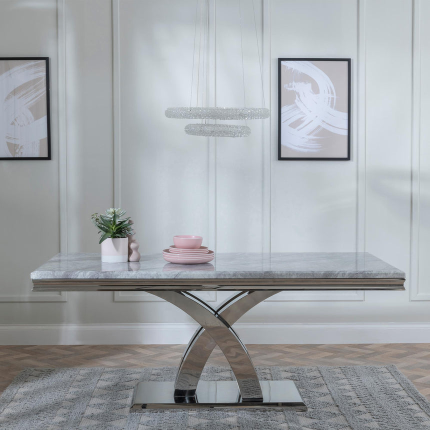 Lisbon Grey Marble and Chrome Dining Set - Knocker Back Champagne Velvet Fabric Dining Chair with Chrome Legs-6