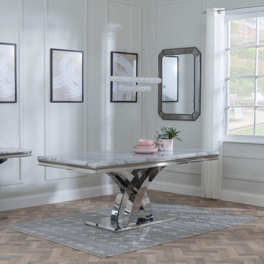 Lisbon Grey Marble and Chrome Dining Set - Knocker Back Grey Velvet Fabric Dining Chair with Chrome Legs-4