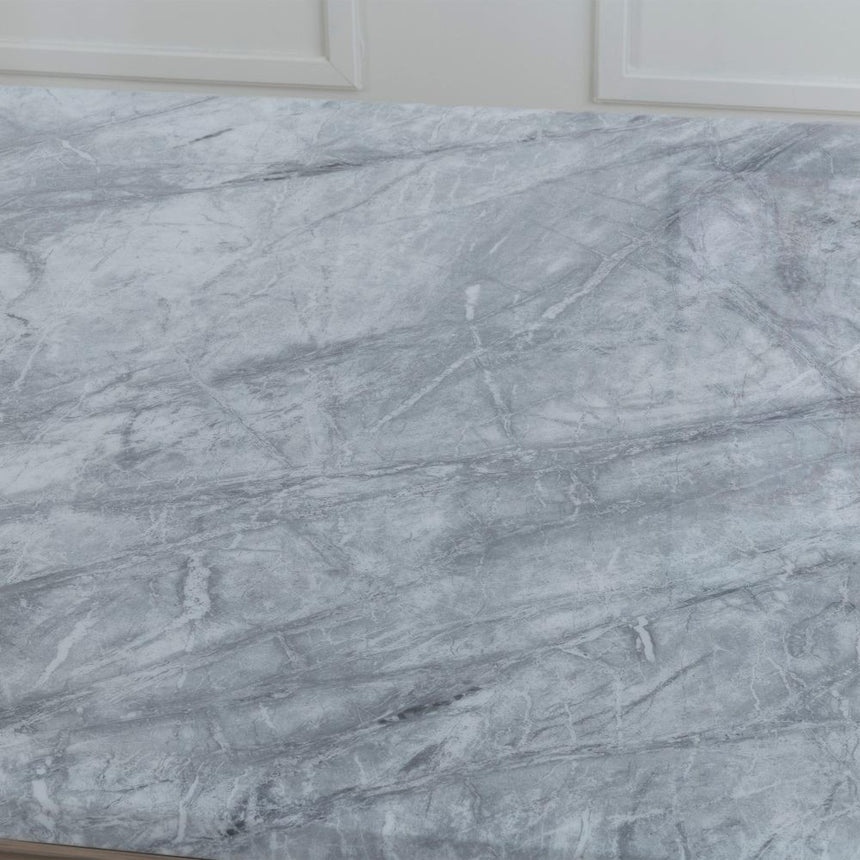 Glacier Grey Marble and Chrome Dining Set - Knocker Back Blue Velvet Fabric Dining Chair with Chrome Legs-4
