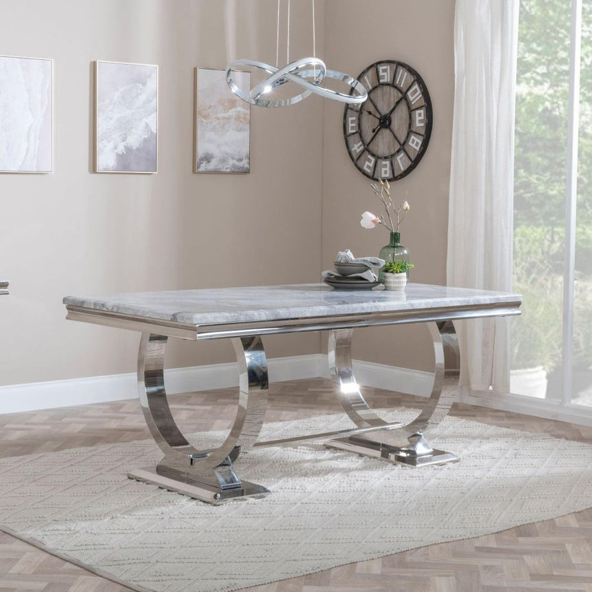 Glacier Grey Marble and Chrome Dining Set - Knocker Back Grey Velvet Fabric Dining Chair with Chrome Legs-4
