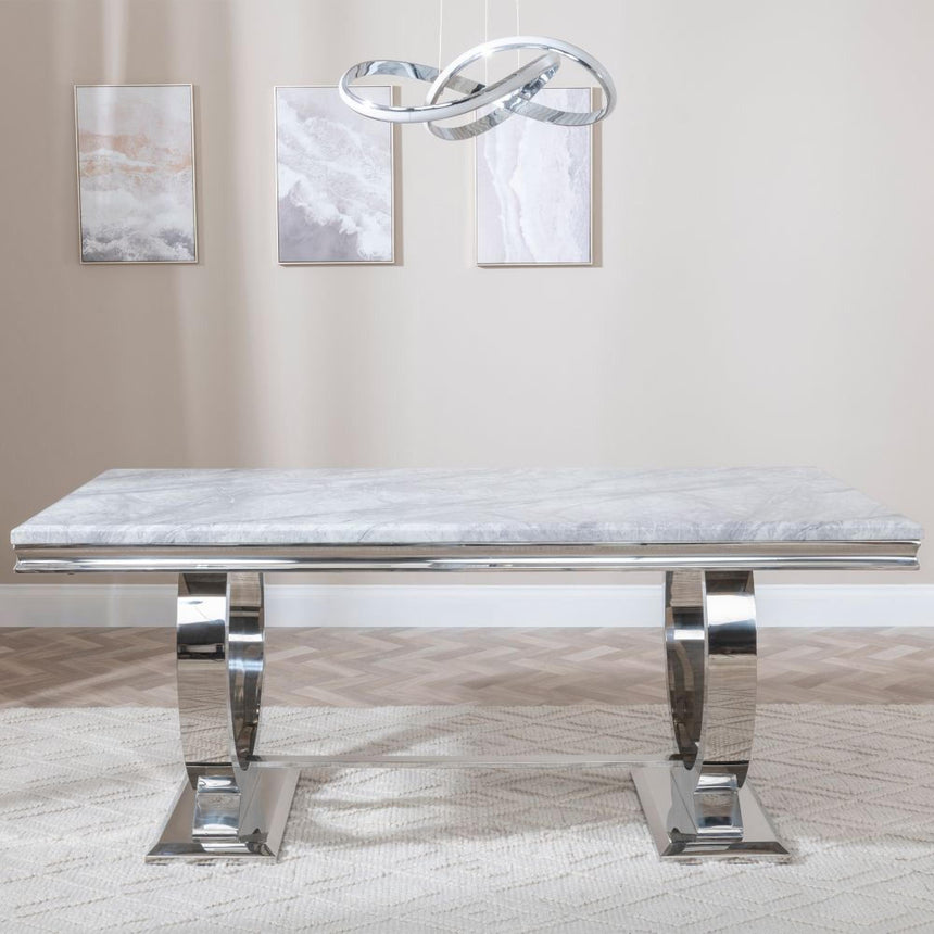 Glacier Grey Marble and Chrome Dining Set - Knocker Back Grey Velvet Fabric Dining Chair with Chrome Legs-5