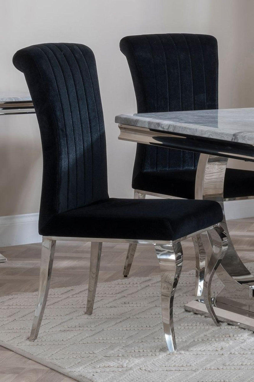Glacier Grey Marble and Chrome Dining Set - Louis Black Velvet Fabric Dining Chair-6