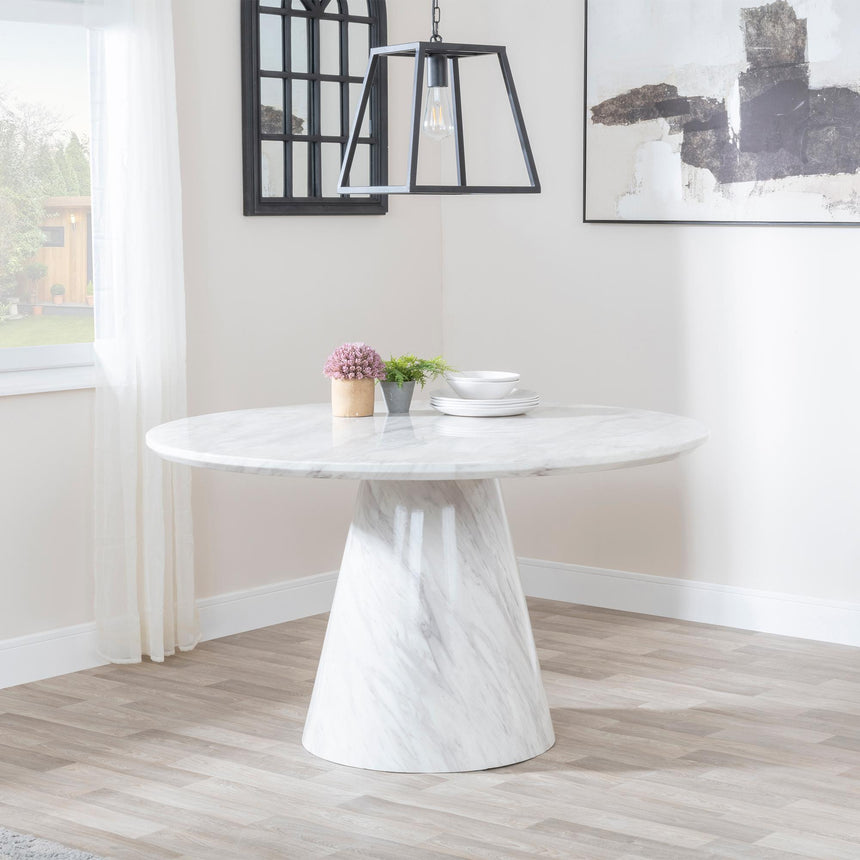 Carrera 4 Seater White Marble Round Dining Set - 4 Bianco Grey Faux Leather Dining Chair-4