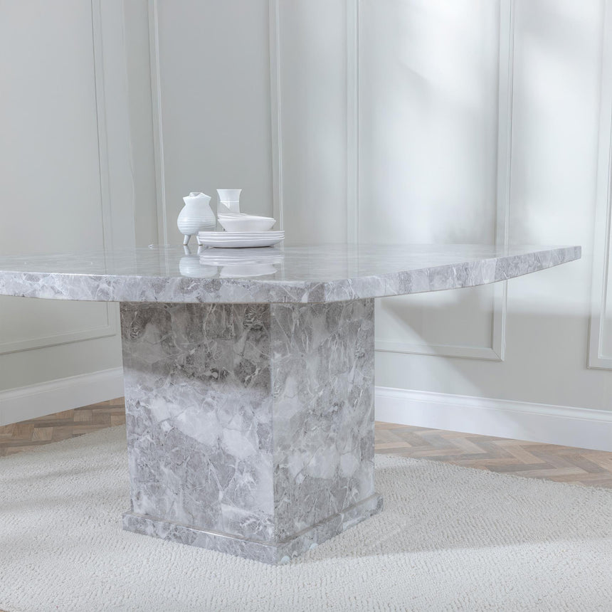 Turin Grey Marble Square Dining Set - Knocker Back Black Velvet Fabric Dining Chair with Black Wooden Legs-6