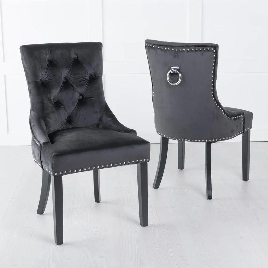 Turin Grey Marble Square Dining Set - Knocker Back Black Velvet Fabric Dining Chair with Black Wooden Legs-6