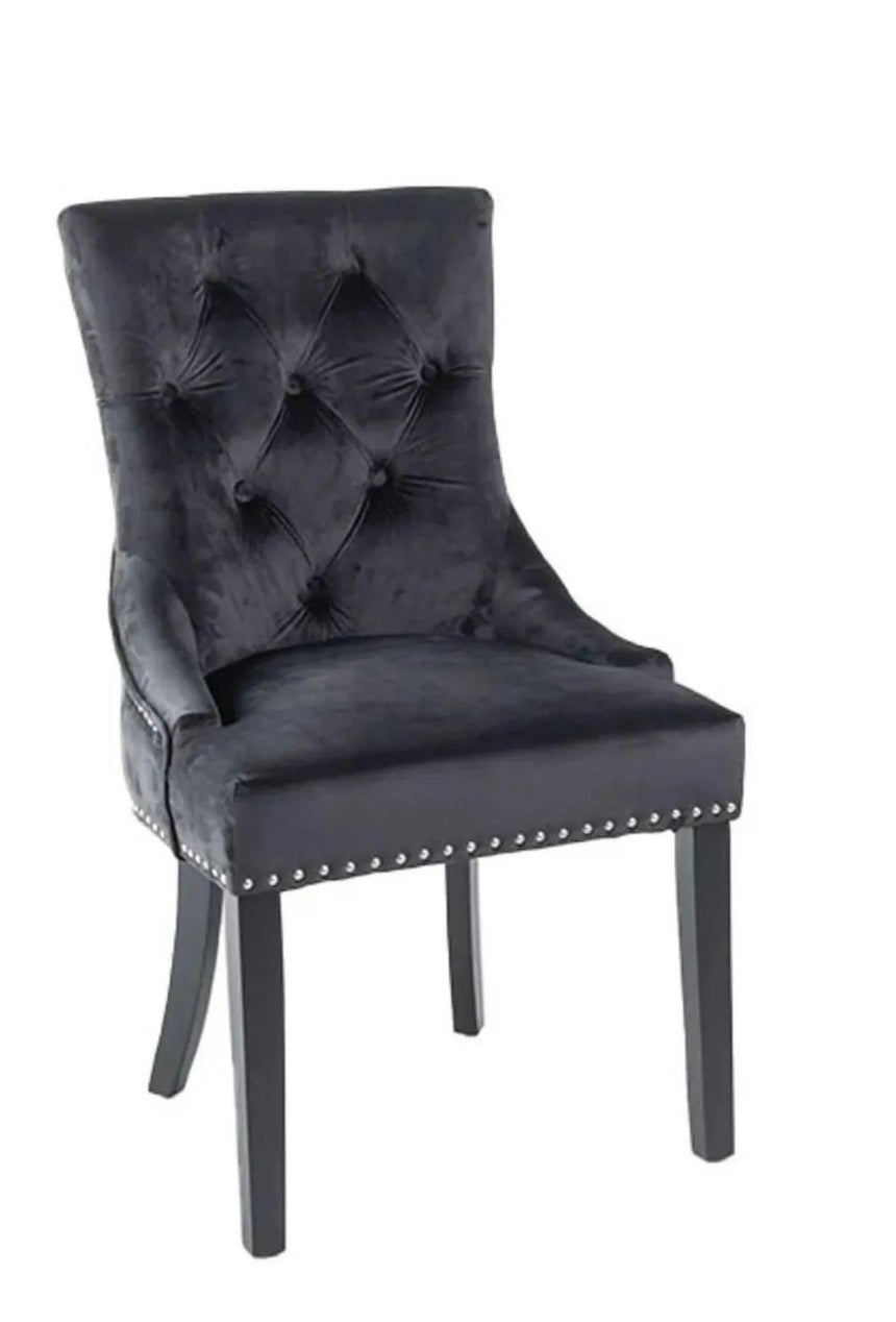 Turin Grey Marble Square Dining Set - Knocker Back Black Velvet Fabric Dining Chair with Black Wooden Legs-8