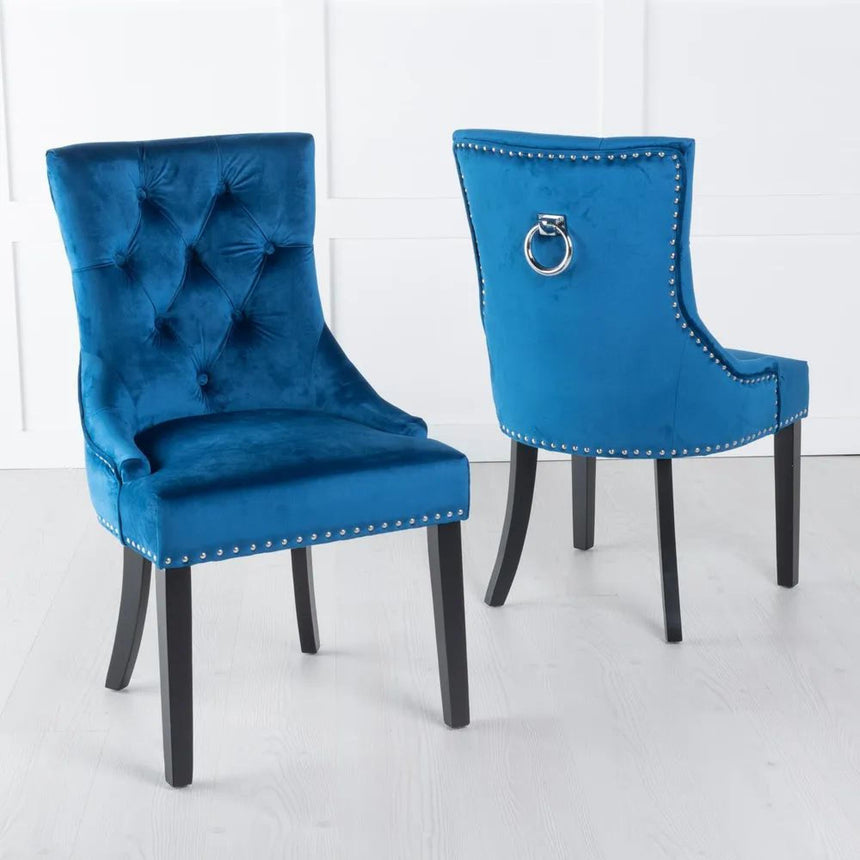 Turin Grey Marble Square Dining Set - Knocker Back Blue Velvet Fabric Dining Chair with Black Wooden Legs-8