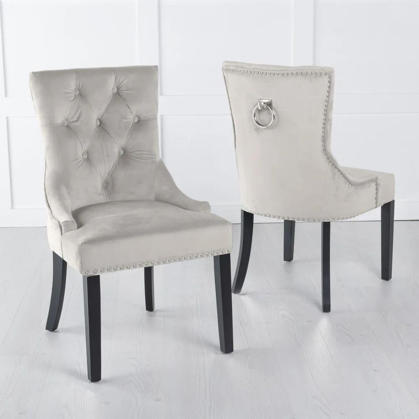Turin Grey Marble Square Dining Set - Knocker Back Champagne Velvet Fabric Dining Chair with Black Wooden Legs-6